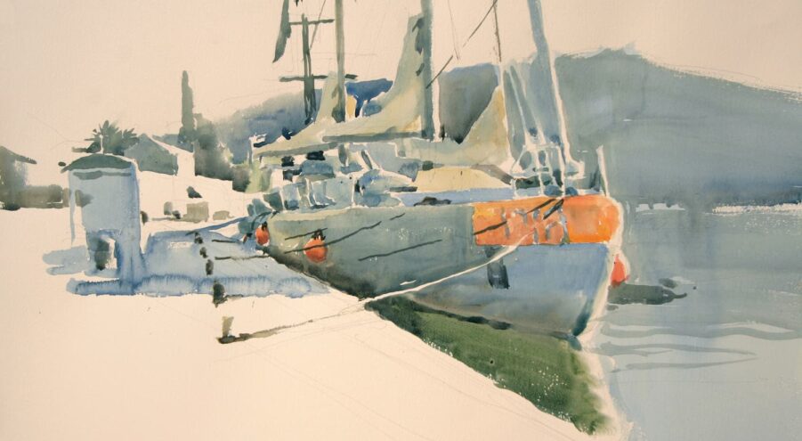 Œuvre de Rémi Hamoir : Aquarelle de la goélette tara à quai