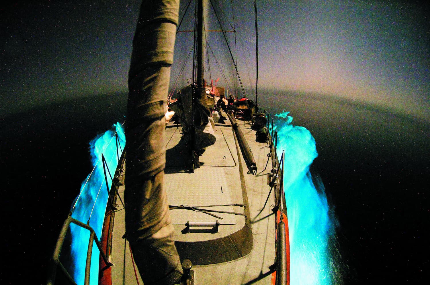 La goélette tara illuminée par le plancton photoluminescent dans le golf d'Aden.