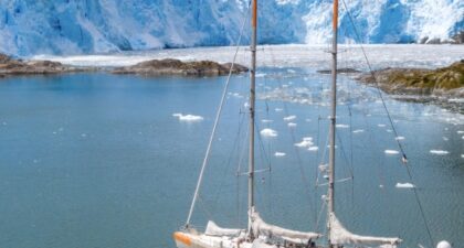 Mouillage de la goélette tara devant le glacier Brujo au Chili