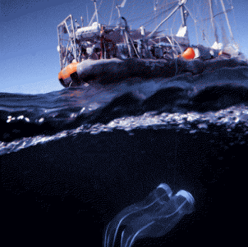 Prélèvement échantillon en mer par Tara avec le filet manta