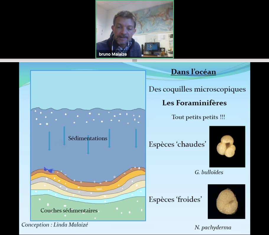 Bruno Malaizé, enseignant-chercheur à l’Université de Bordeaux, présente aux élèves comment reconstituer les climats du passé à partir de micro-organismes ayant vécu il y a des milliers d’années !