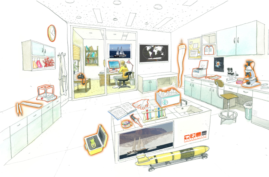 Infographie d'un laboratoire scientifique.