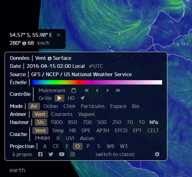 Menu : sélection des paramètres d'affichage